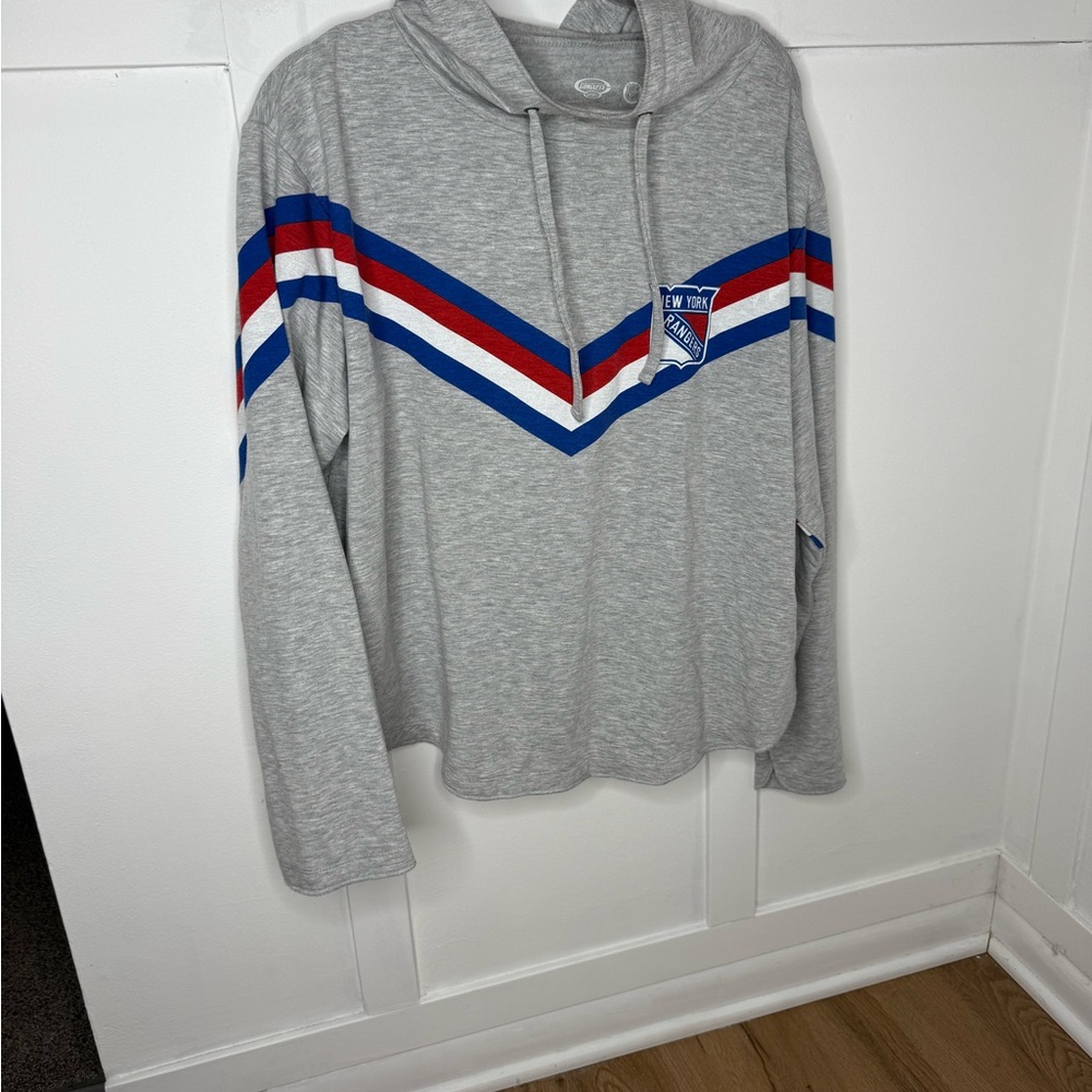 Gray Hooded Sweater with Red and Blue Stripes